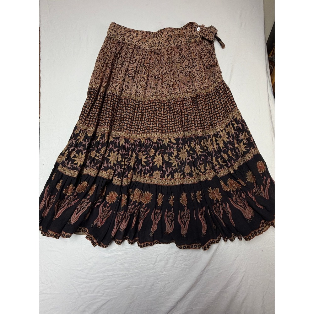 Vintage Adini Floral Tiered Maxi Skirt Brown Cotton Boho Indian Folk Size 11